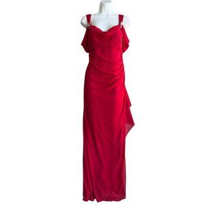 ALEX EVENING Maxi Formal Dress Sz 14 Red Draped Neck Brooch Detail Elegant Gala